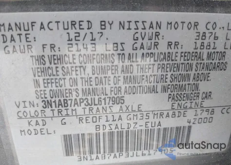 2018 Nissan Sentra Sv from USA, damaged, VIN 3N1AB7AP3JL617905